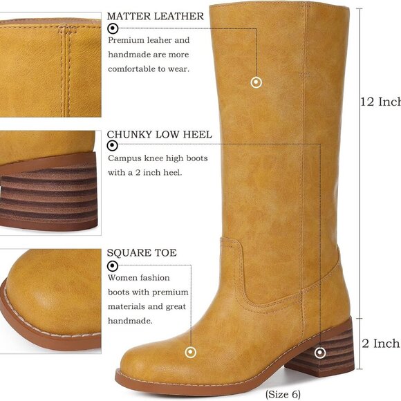 Women's Faux Leather Knee High Boots Wide Calf Chunky Heel Casual Dressy - Picture 3 of 6